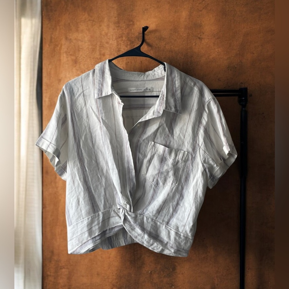 Altar'd State Casual Button Down Shirt - Cream and Brown Stripes